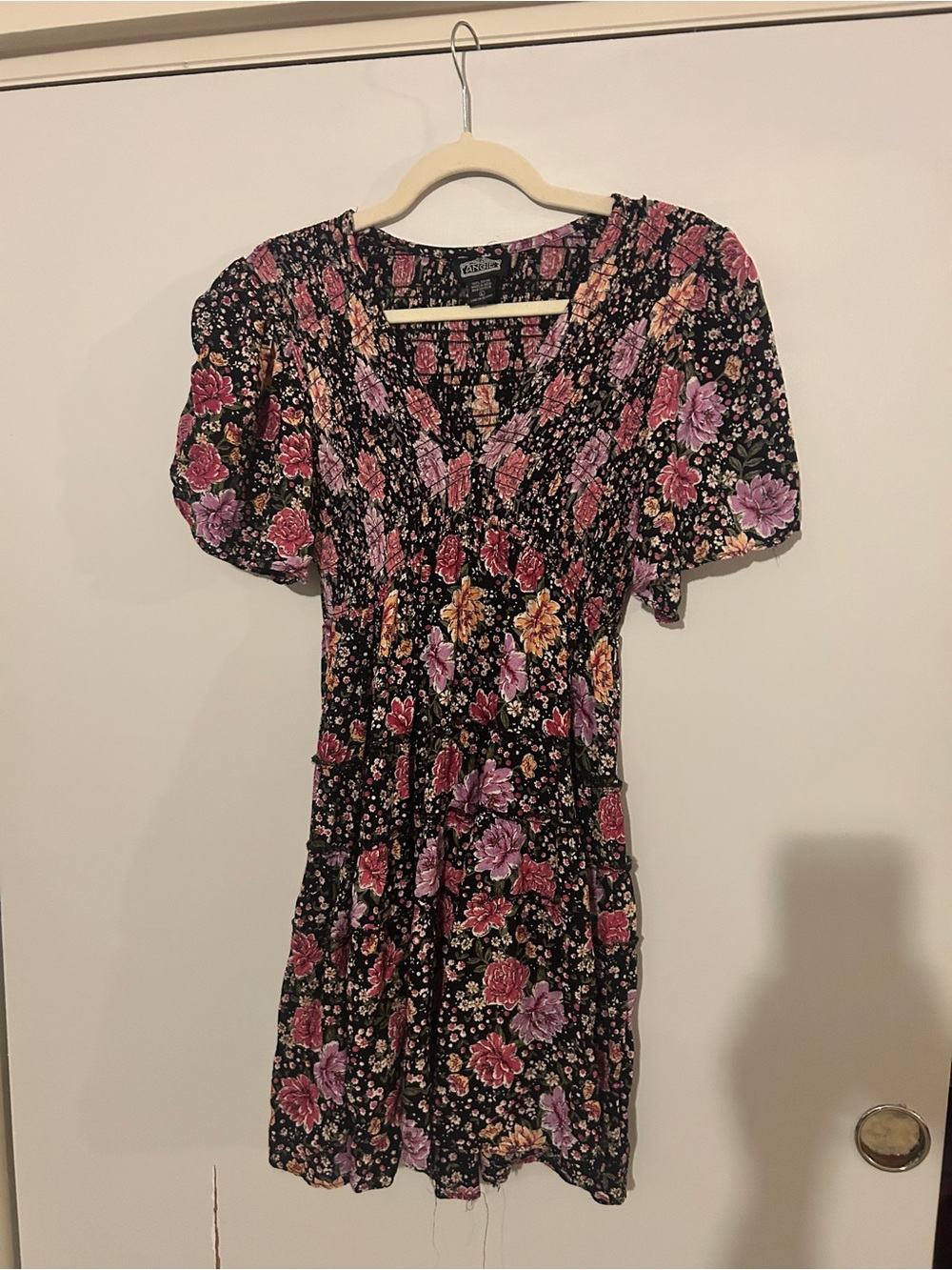 Angie - Rare print! Black Floral Smocked Mini Dress with Pink and Purple Blooms